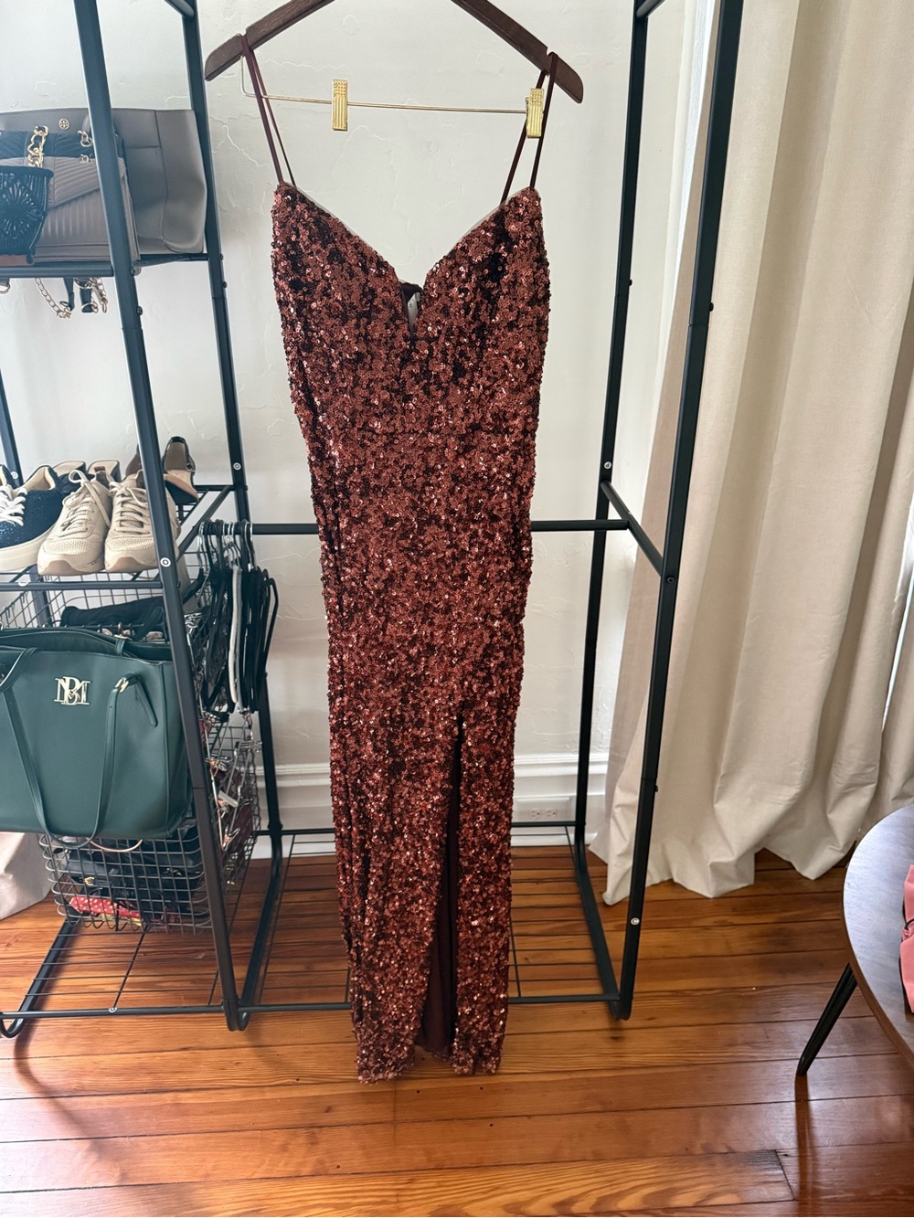 Signature Brown Sequin Spaghetti-Strap Gown